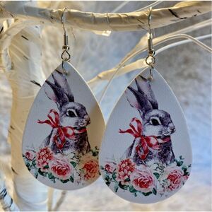 NEW Shabby Chic Farmhouse White Bunny Pink Flower Print Earrings